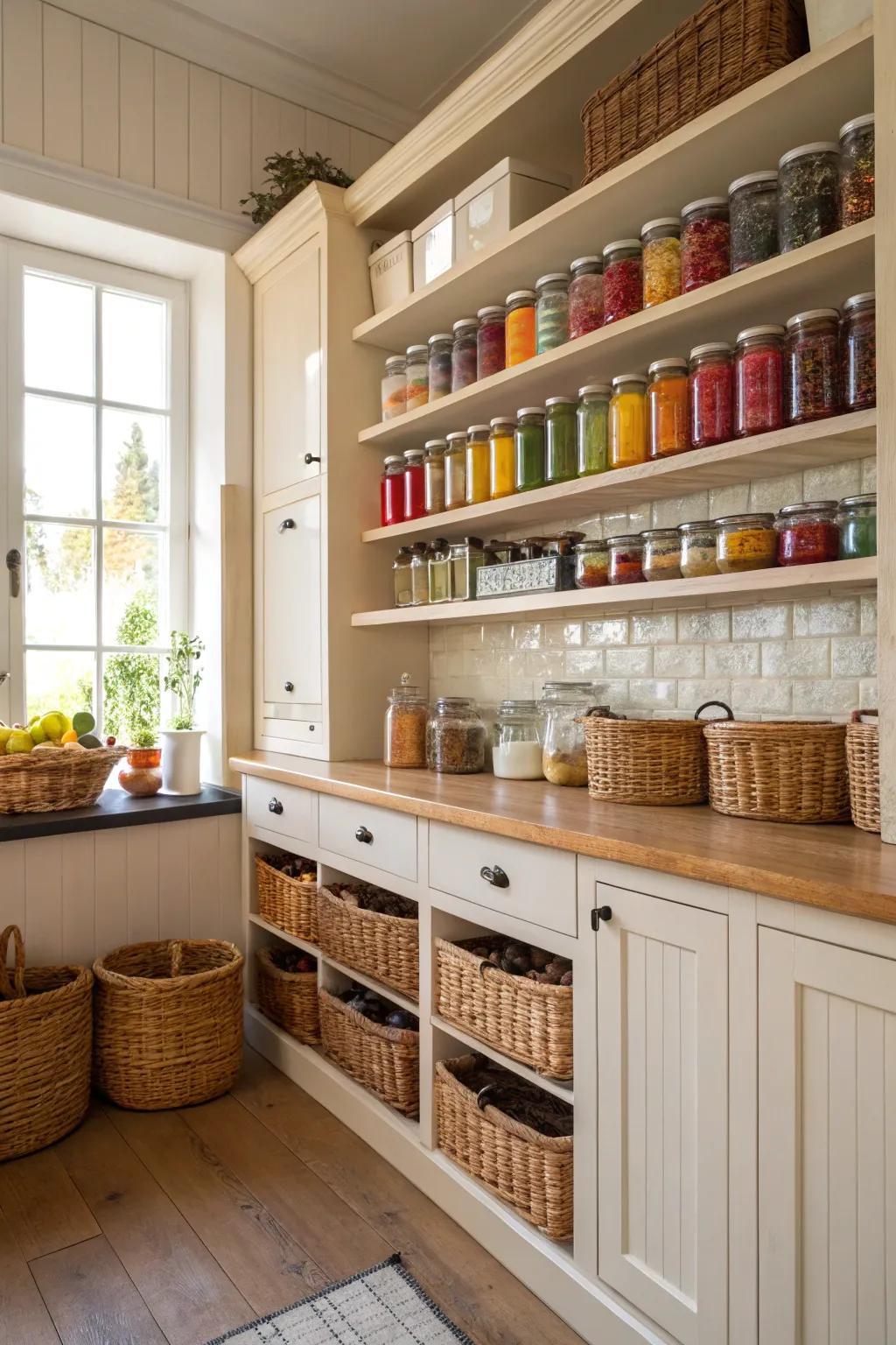 Open shelving featuring beautifully organized jars and baskets.