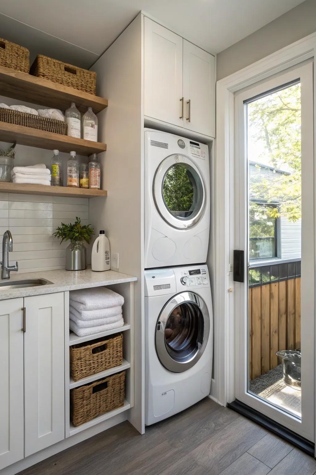 Stacked washer and dryer units in a kitchen corner optimize space.