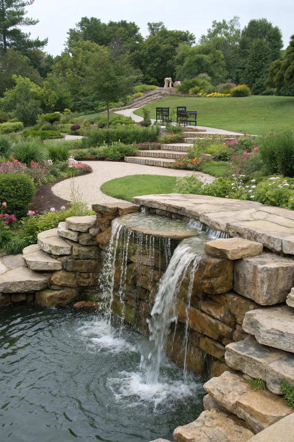 A multi-tiered stone cascade embellishing a garden, water gracefully stepping down its layers.