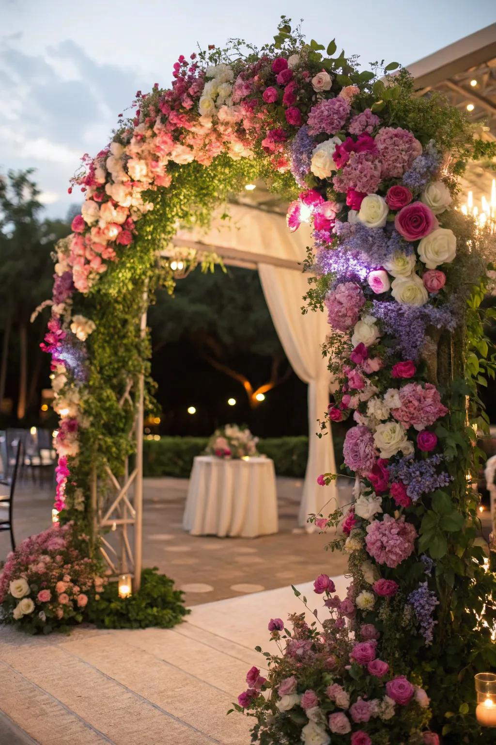 A vibrant floral arch, lending a burst of color to any wedding.