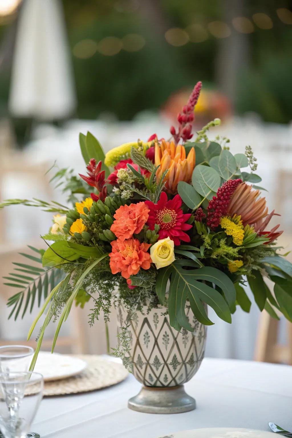 A vibrant centerpiece blending flowers and greenery, ideally suited for crafting an unforgettable wedding gathering.