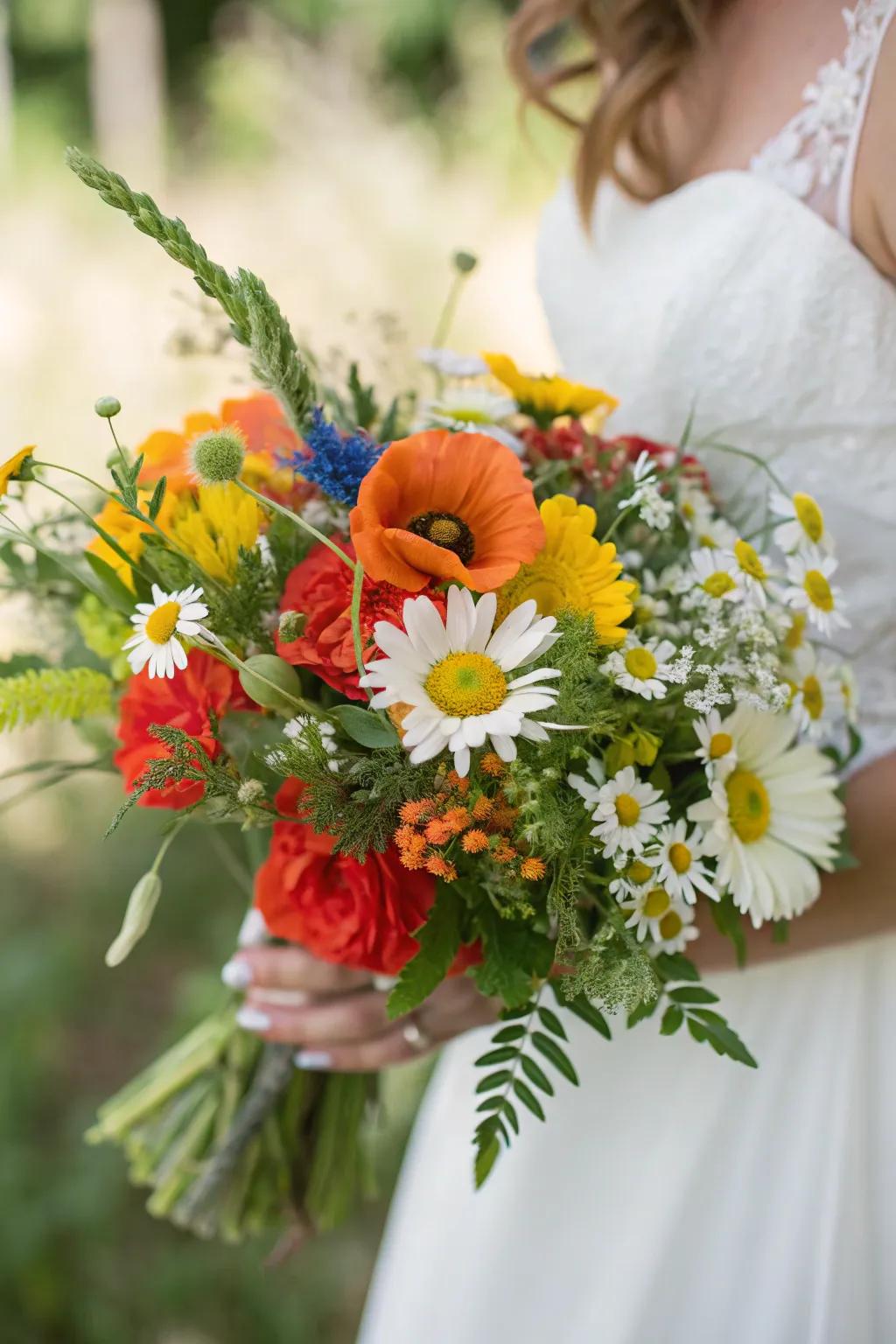 An energetic wildflower bridal arrangement perfect for bohemian weddings.