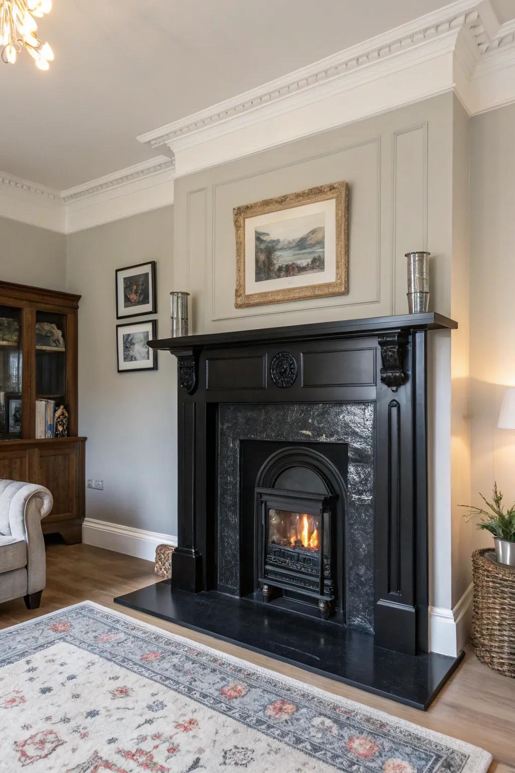 A striking black fireplace creates a bold focal point in a modern living room.