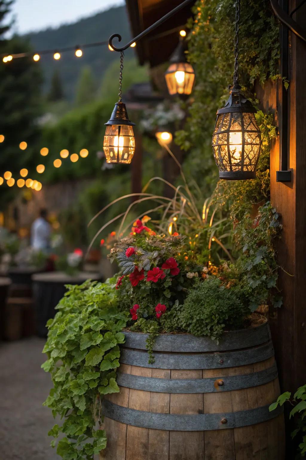 An incredible vertical garden featuring light fixtures suspended above rich greenery.