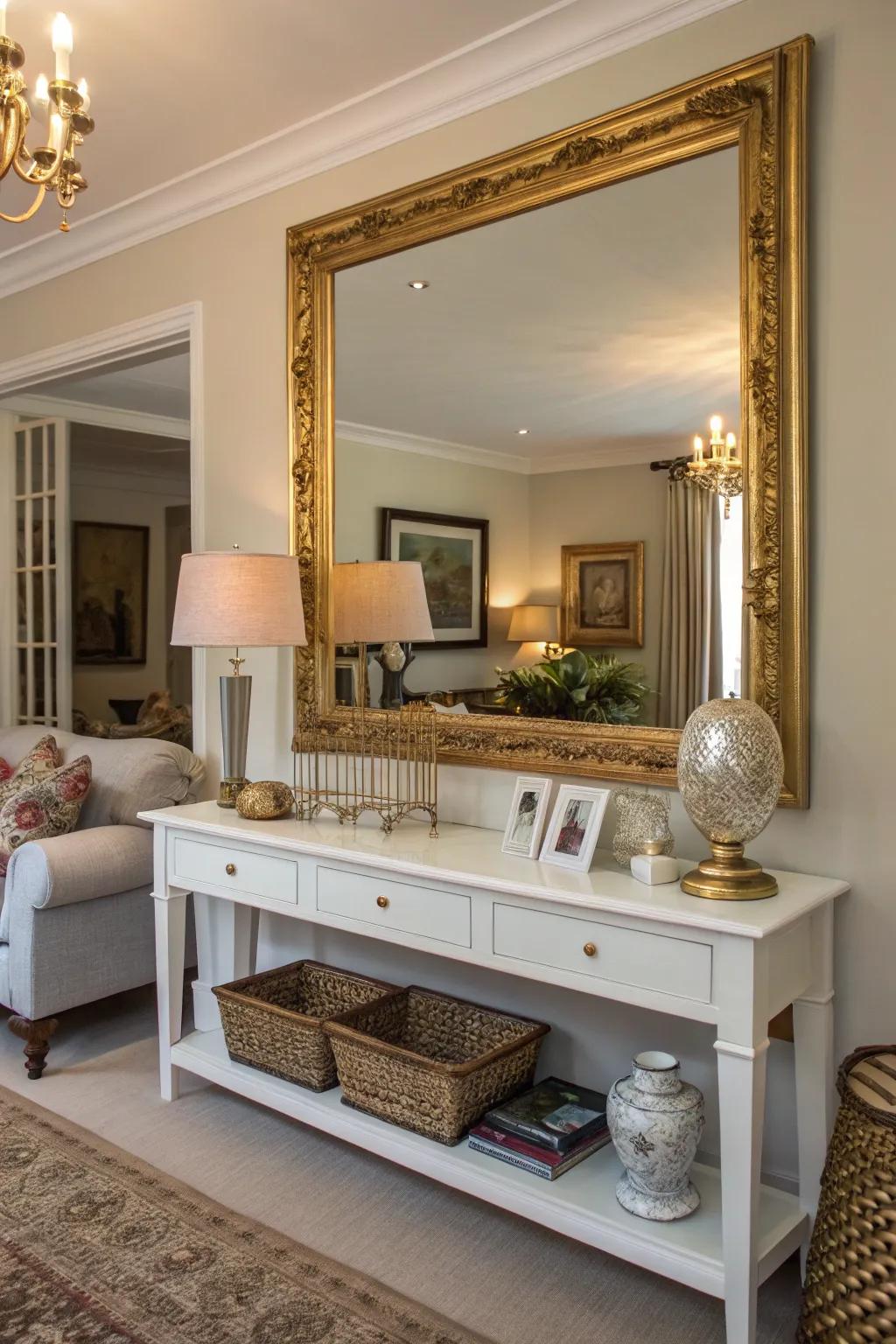 Gold-framed mirrors add a touch of glamour and expand the space.