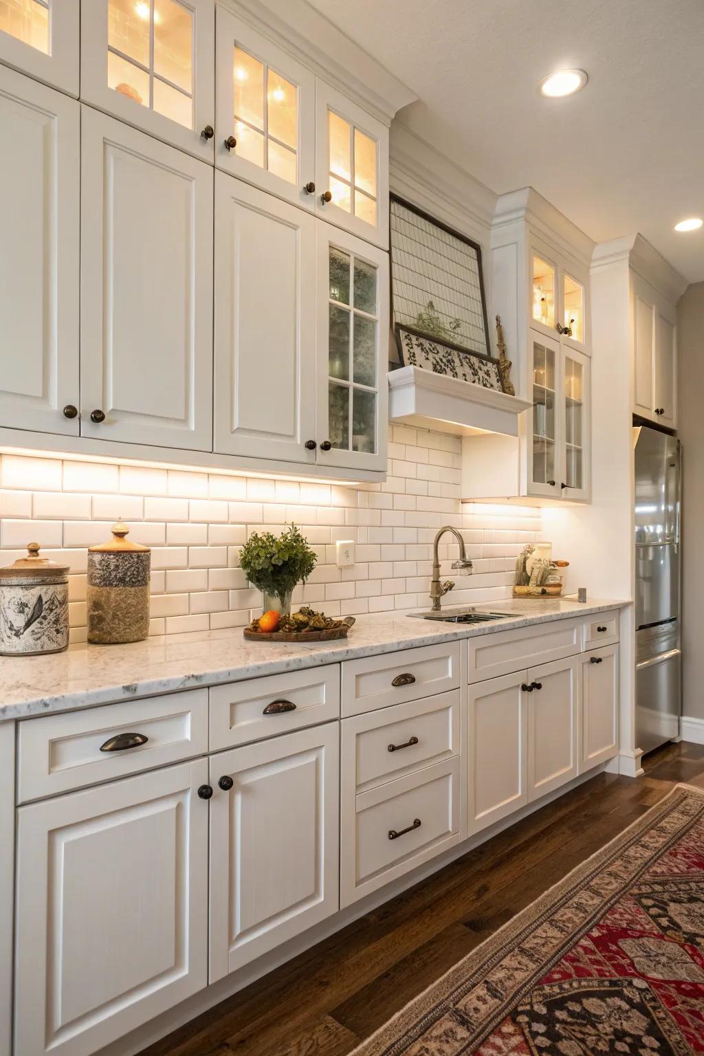 Ageless white tiles accentuating the sleek configuration of white cabinets.