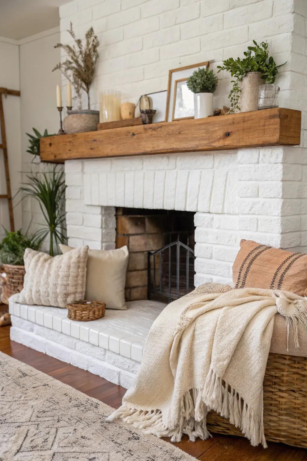 A rustic yet modern white brick firebox featuring an appealing timber mantle.