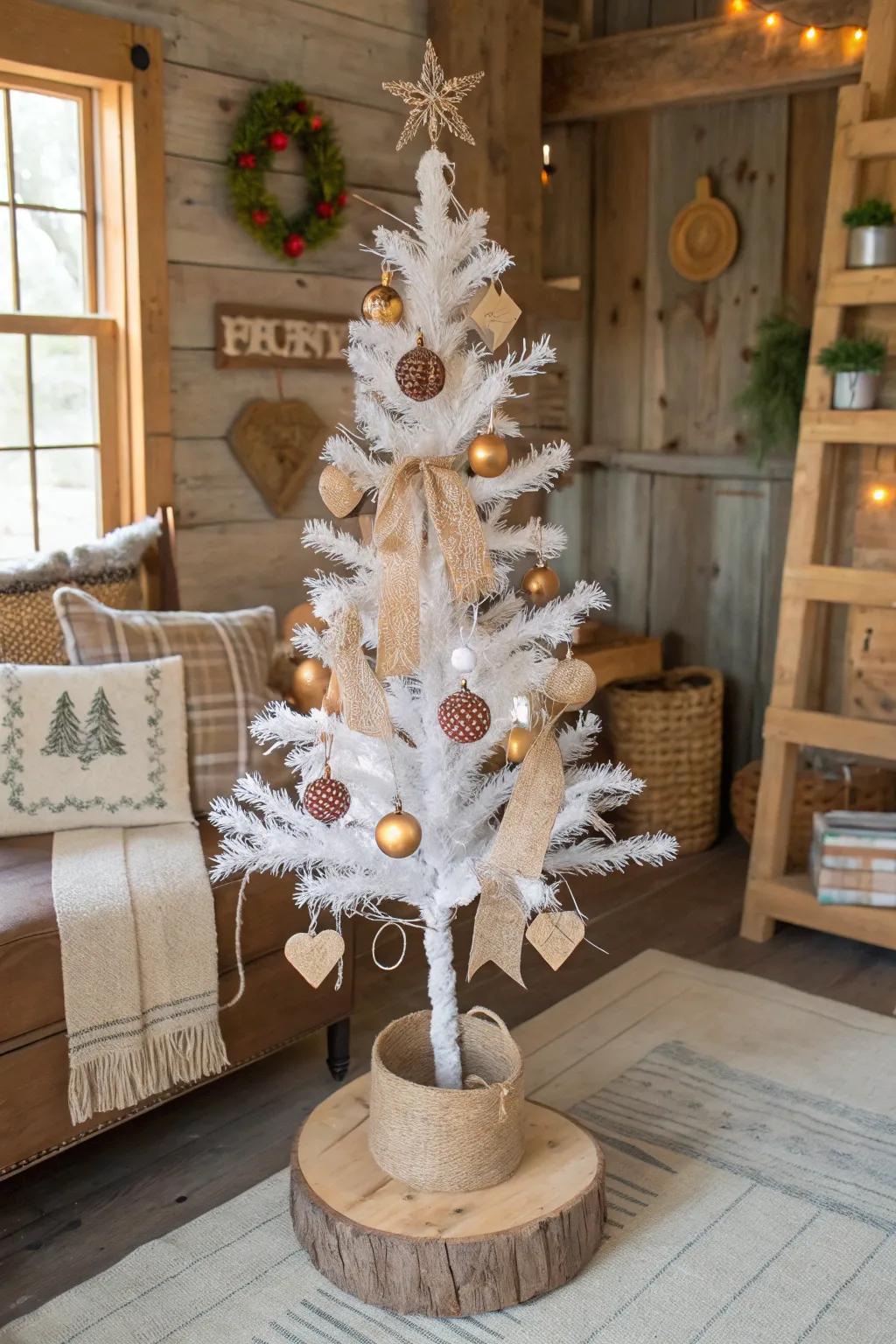 A Scandinavian-influenced white pencil tree accented with wooden and jute elements.