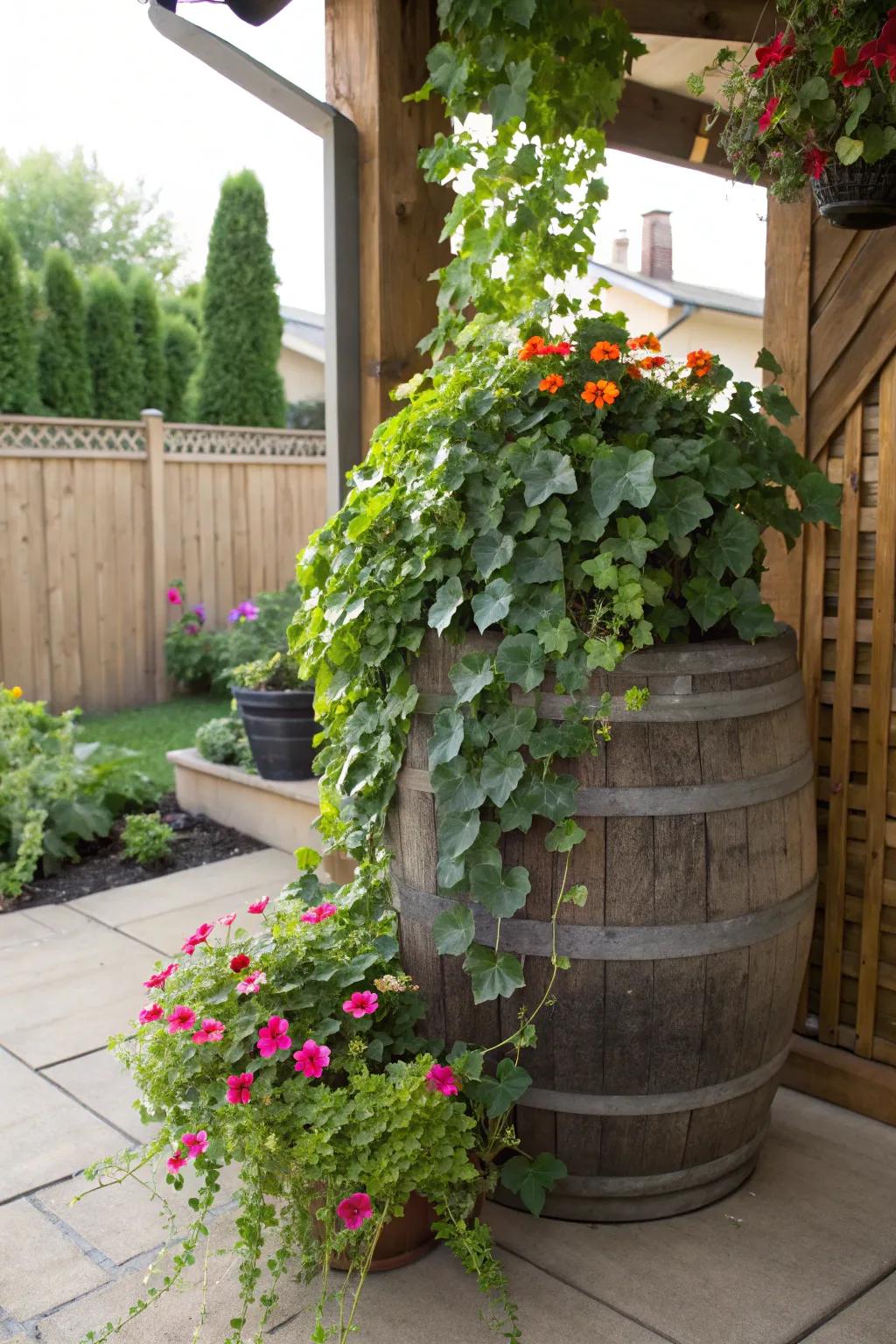 A welcoming porch corner featuring a wine barrel planter.