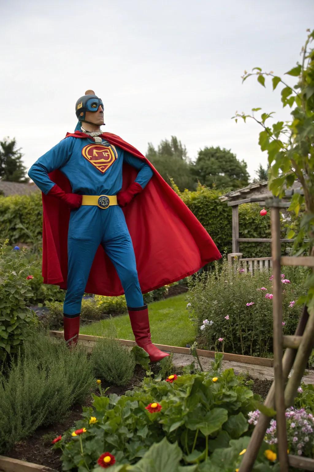 A caped crusader scarecrow, poised to confront any garden adversaries, exudes bravery.