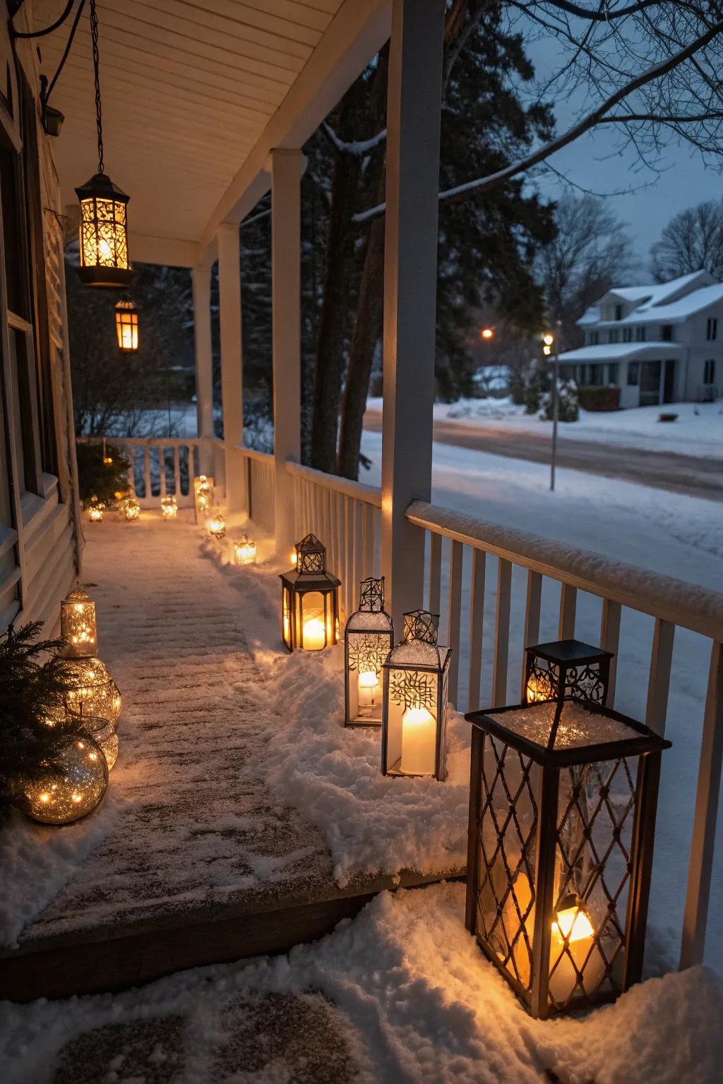A winter porch bathed in the gentle glow of an array of radiant lanterns.