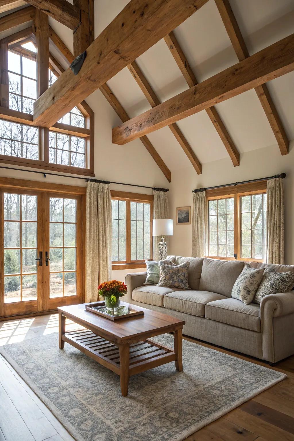 Expansive and airy living area showcasing wooden beams and abundant natural illumination.