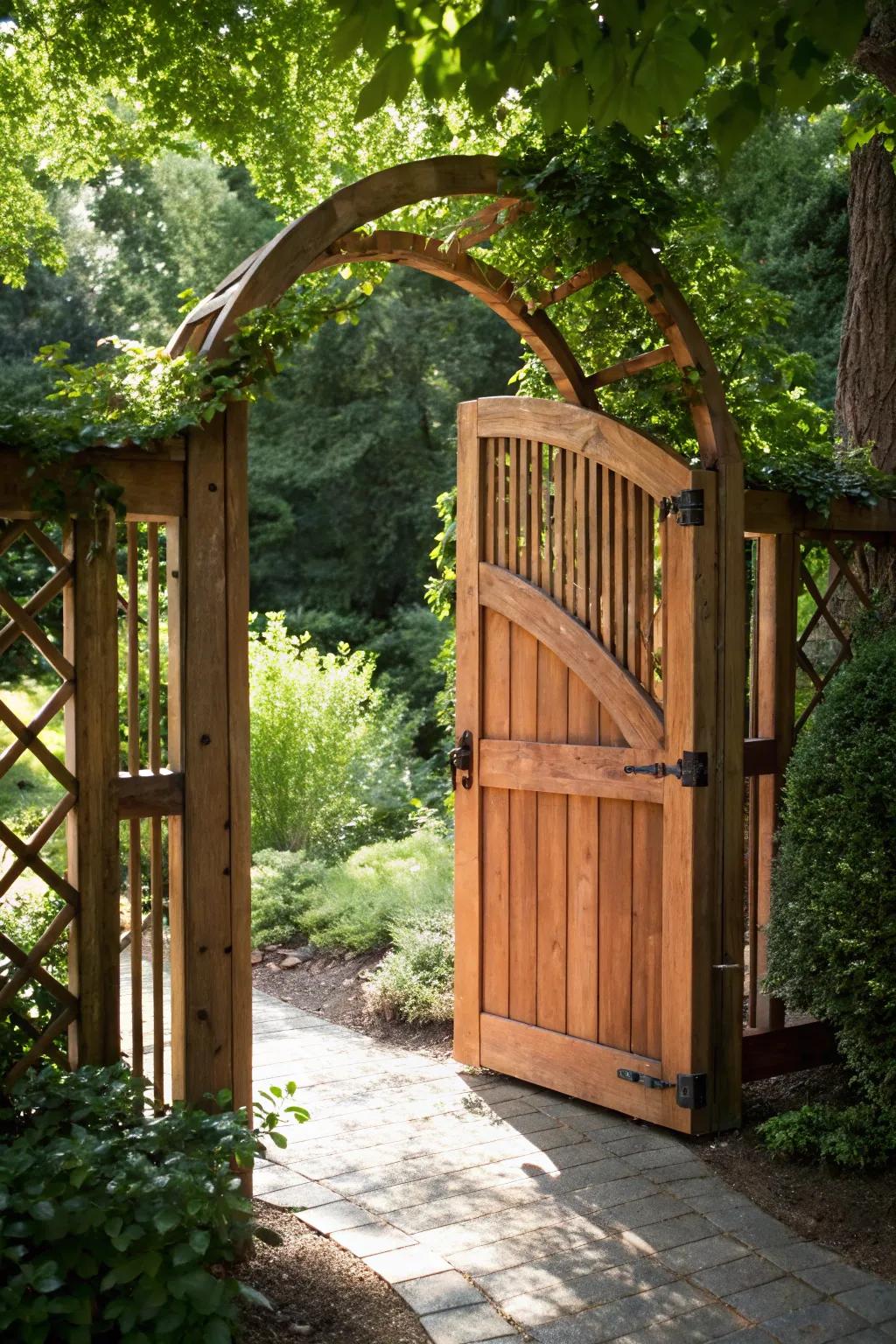 Step into elegance with this exquisite arched wooden gate—a perfect blend of craftsmanship and charm.
