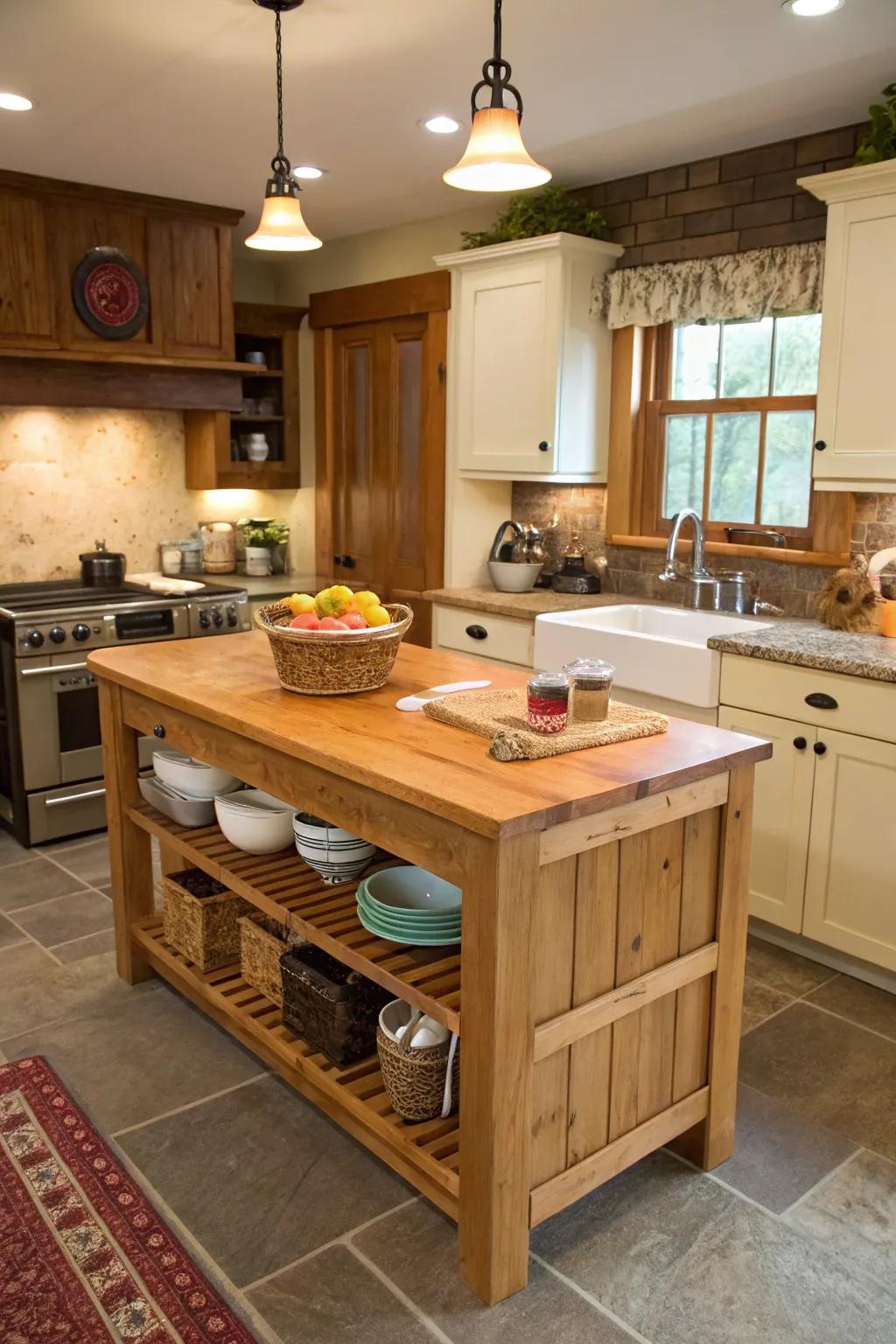 The natural charm of a butcher block countertop offers both style and practicality.