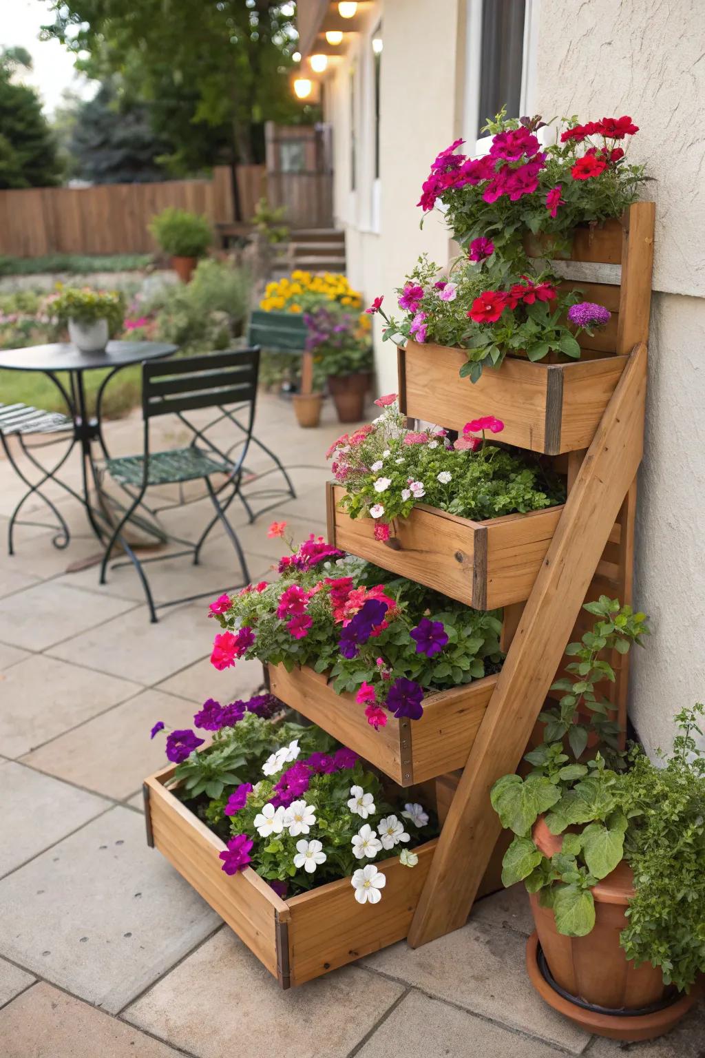 A tiered wooden flower box showcasing a layered floral display.