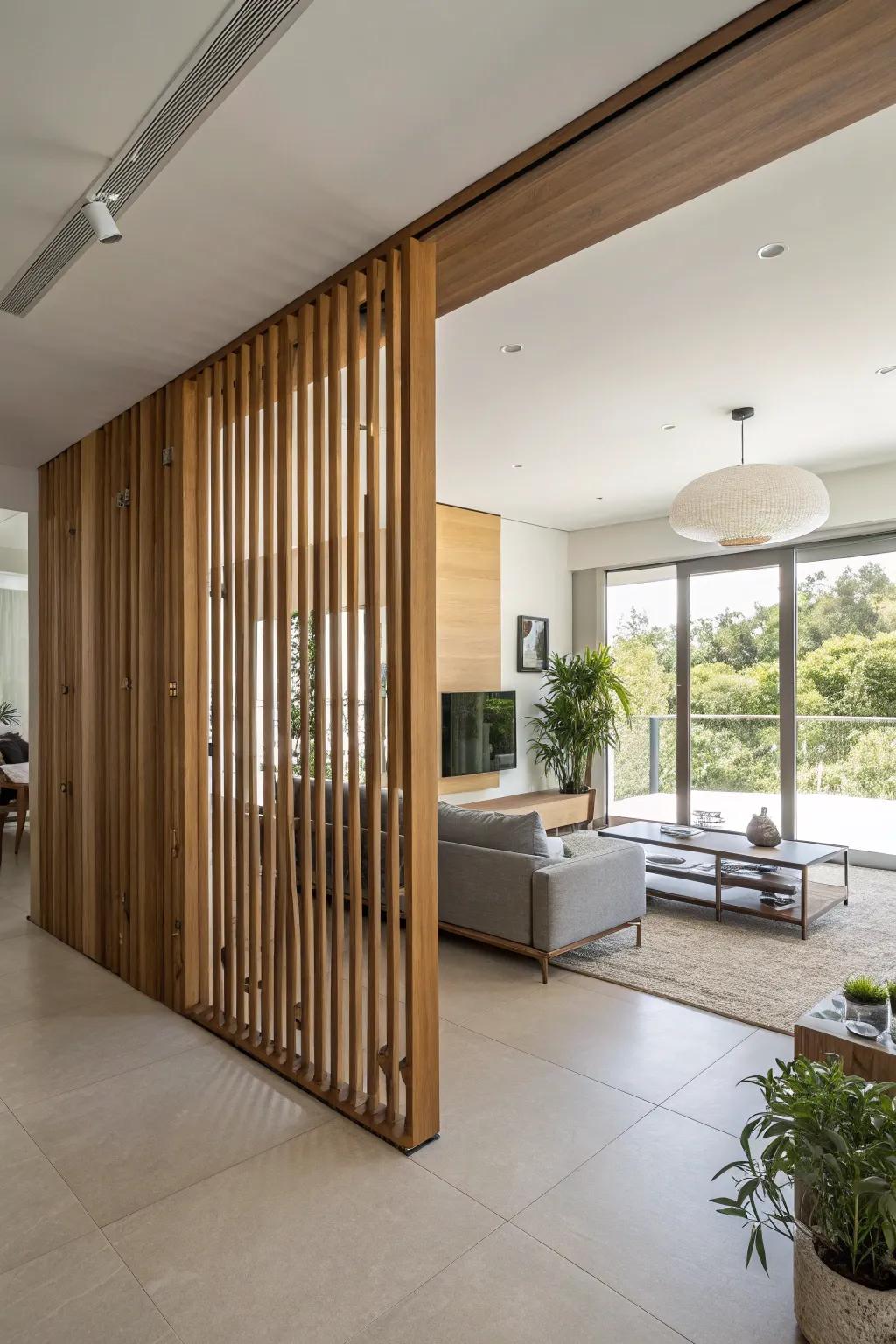 Open slats offer a perfect balance of privacy and openness in this contemporary setting.