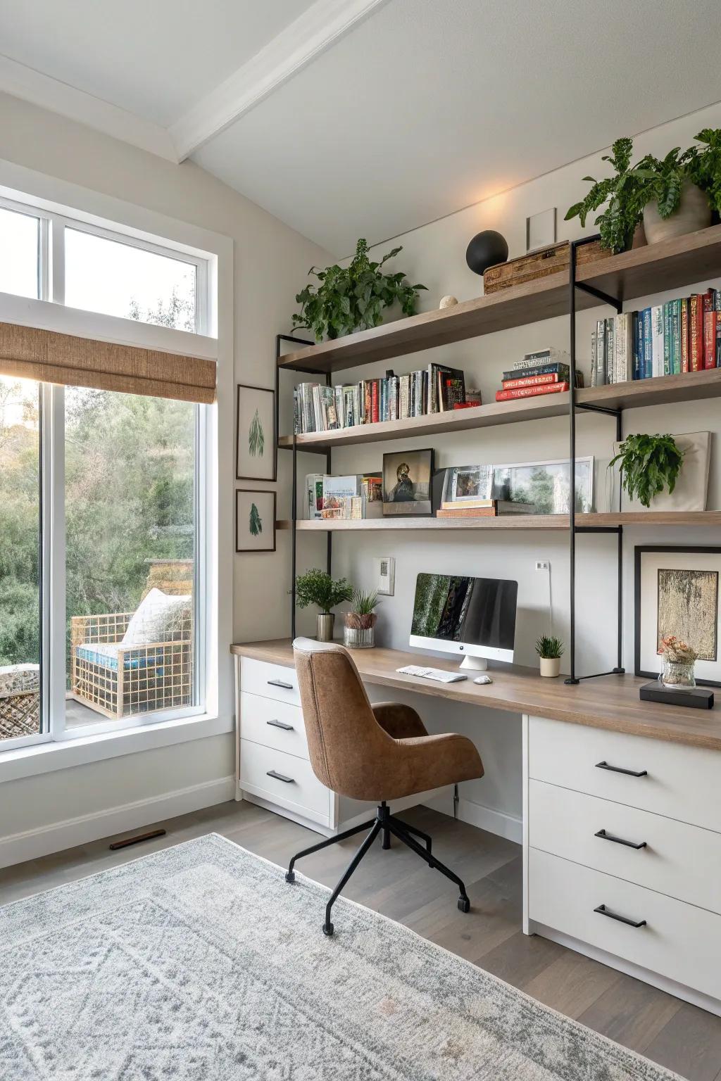 Elegant shelving solutions for a tidy and stylish workspace.
