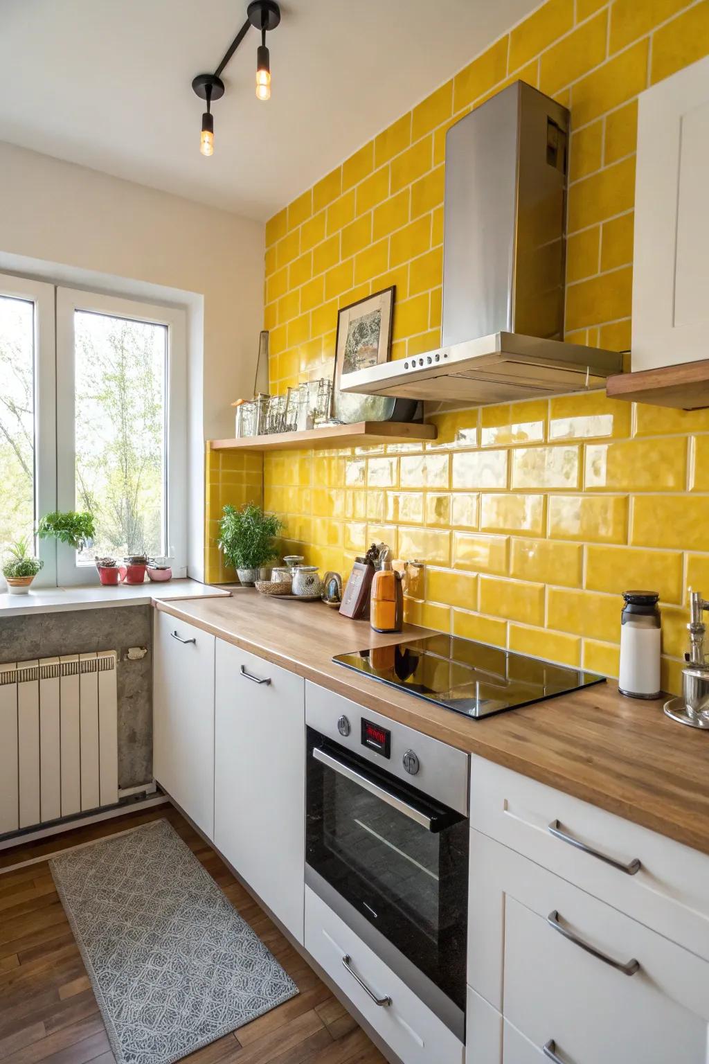 A radiant yellow backsplash offers an energetic touch without taking over the whole space.