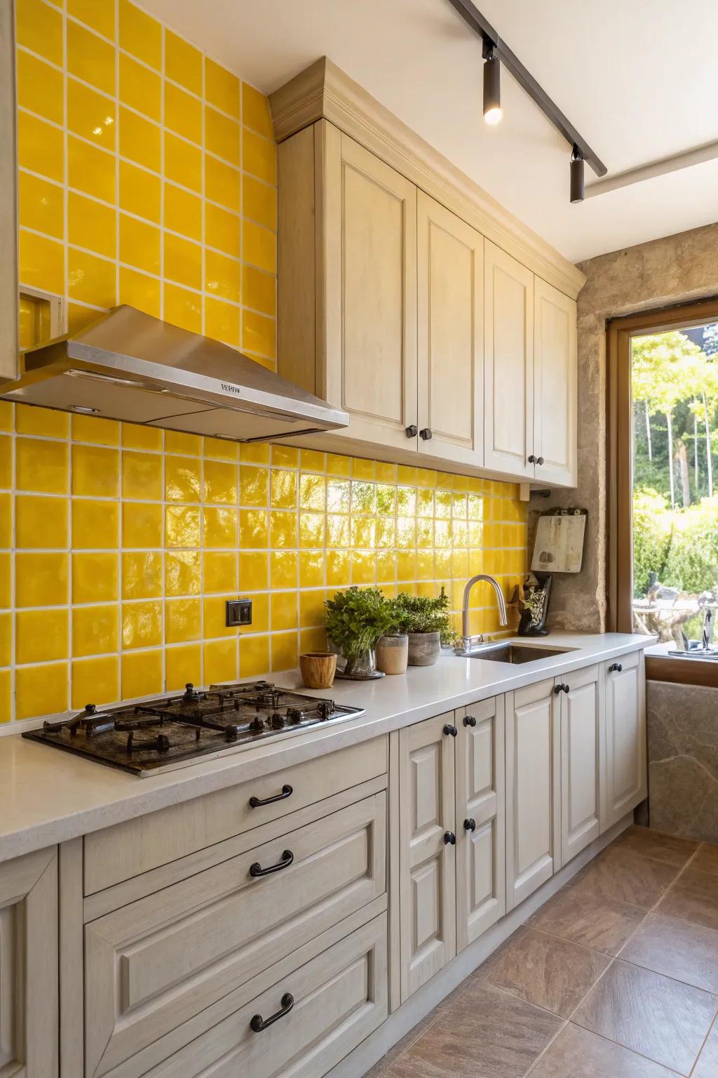 A daring sunflower backsplash enlivens with a dynamic flourish.