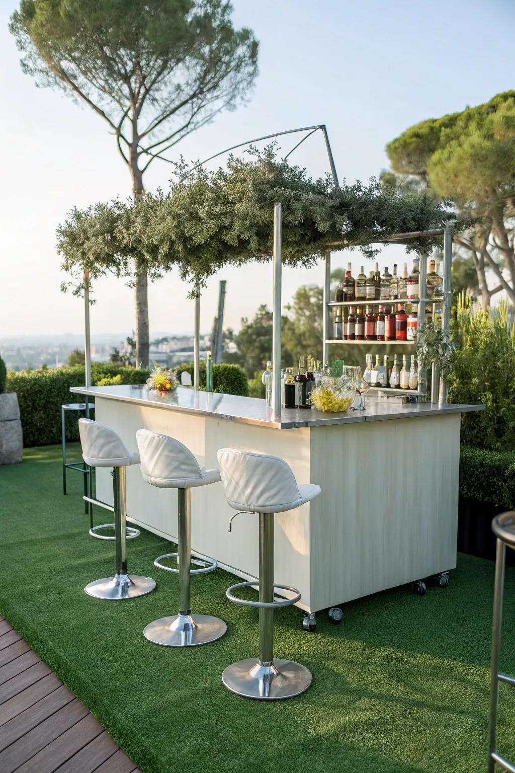 A chic outdoor bar on lush artificial grass.