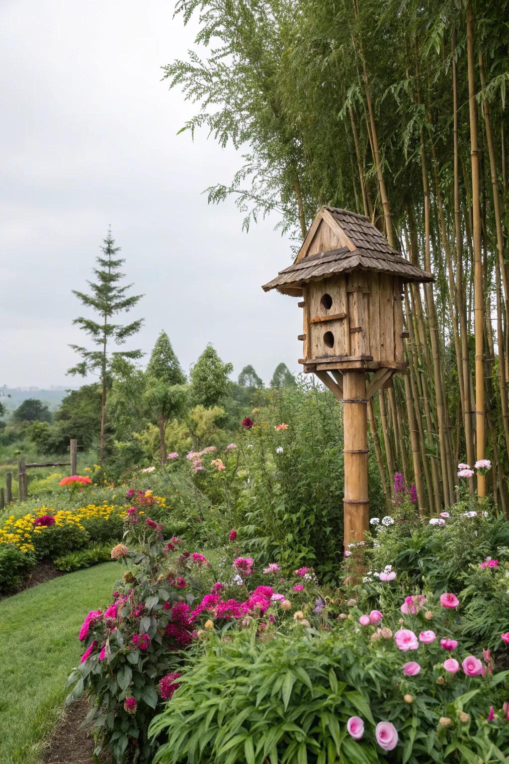 Bamboo birdhouses add charm and support local wildlife.