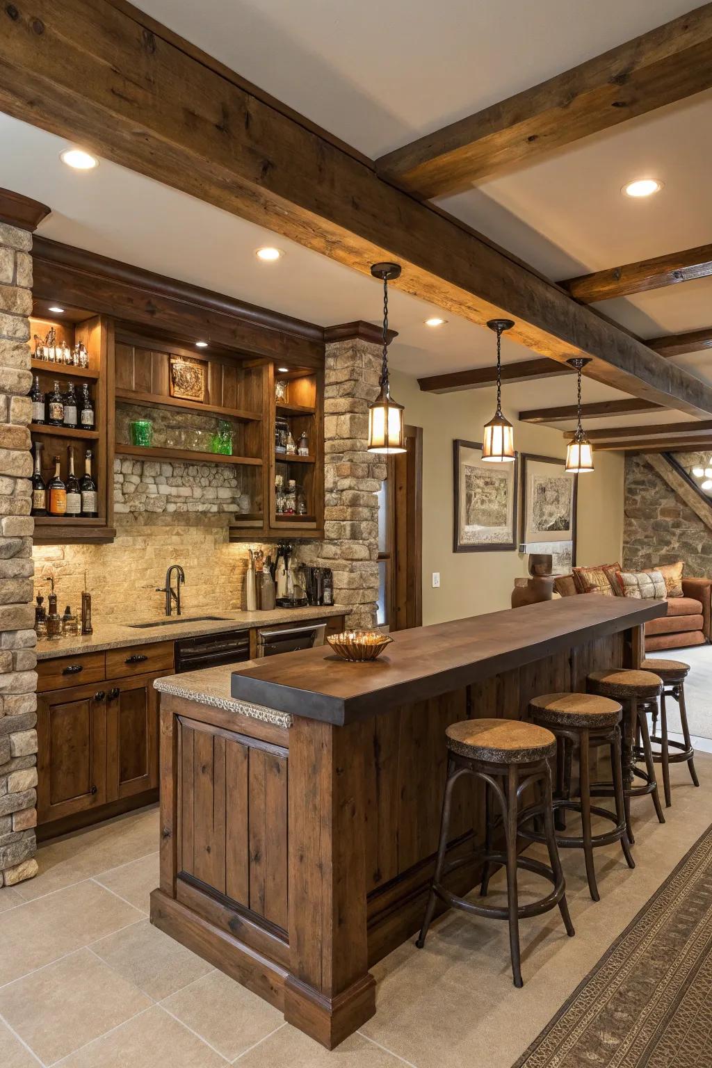A home bar with a repurposed good backsplash and country design.