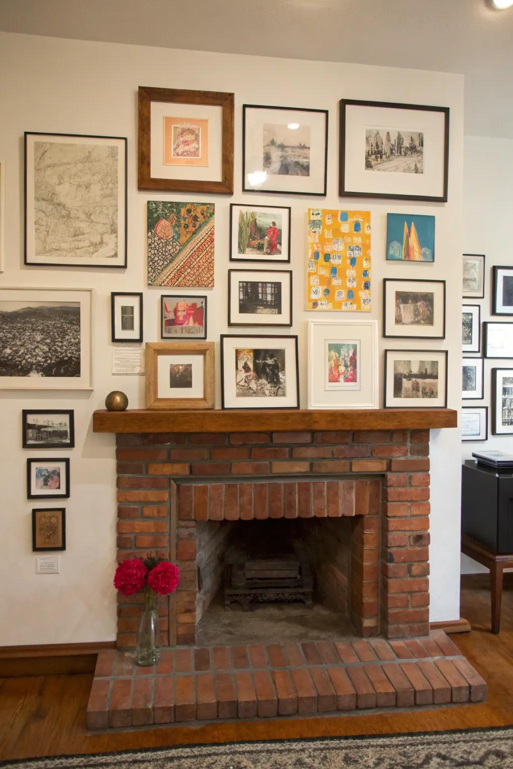 A brick hearth with a fun gallery wall, making the space your own.