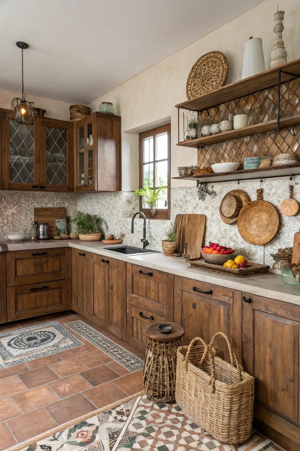 Blended timber tones introduce a diverse, unified vibe to the kitchen.