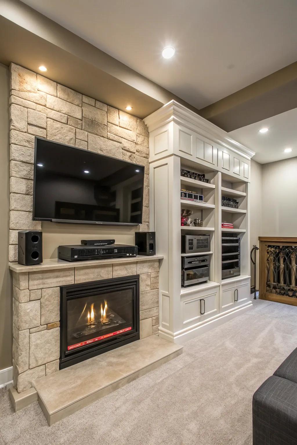 Architectural elements make a bold statement in this striking entertainment center.