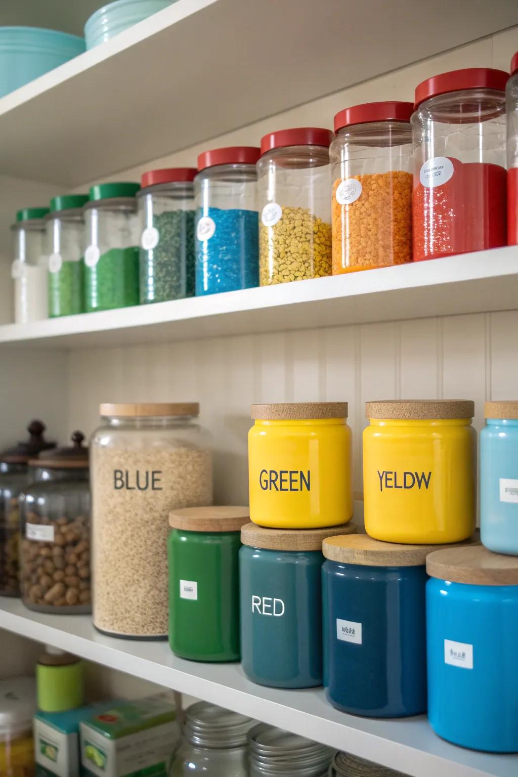 Using colors makes the pantry more organized and nice to look at.