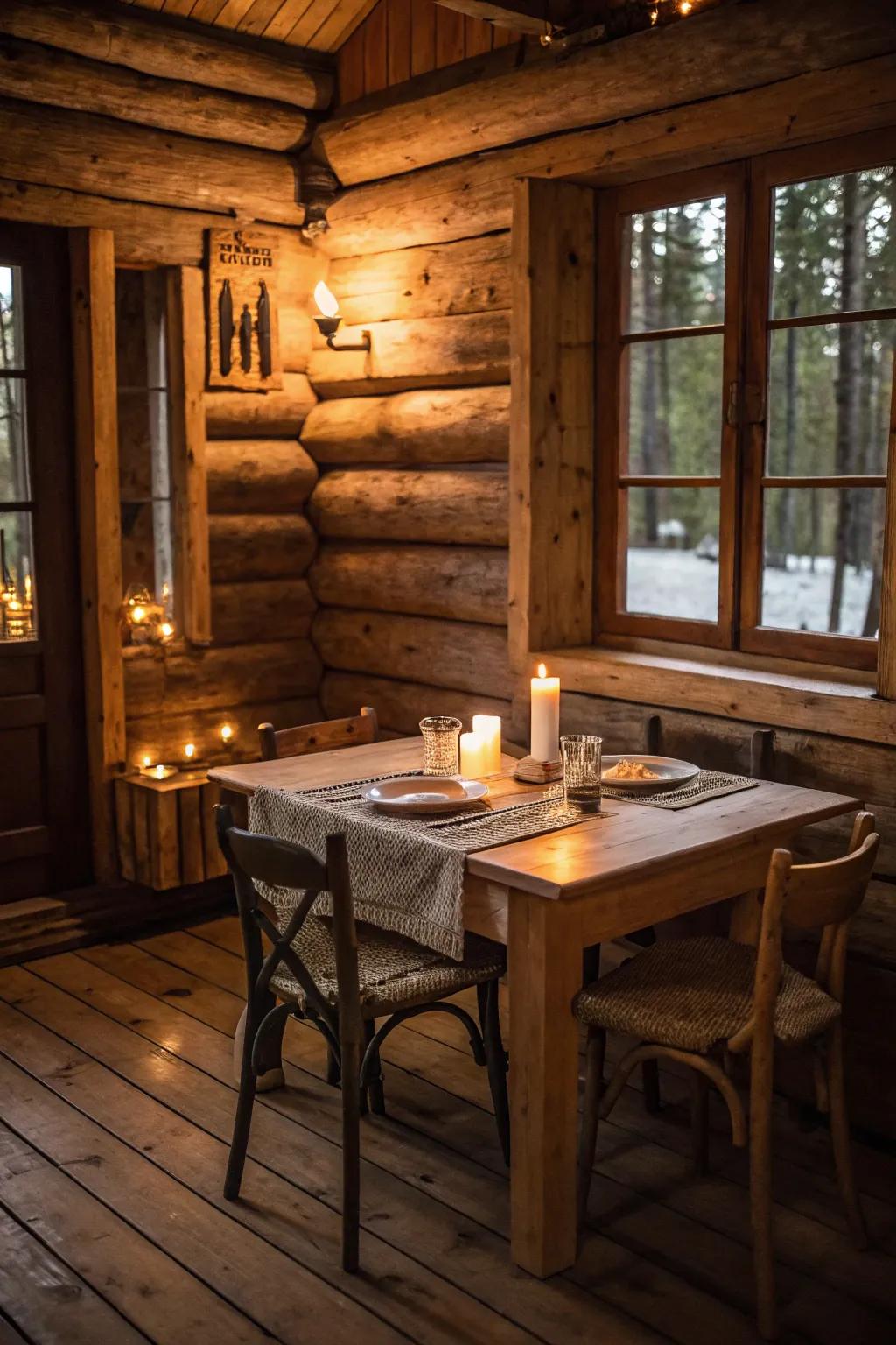 A rustic dining area serves as a welcoming spot for gatherings.