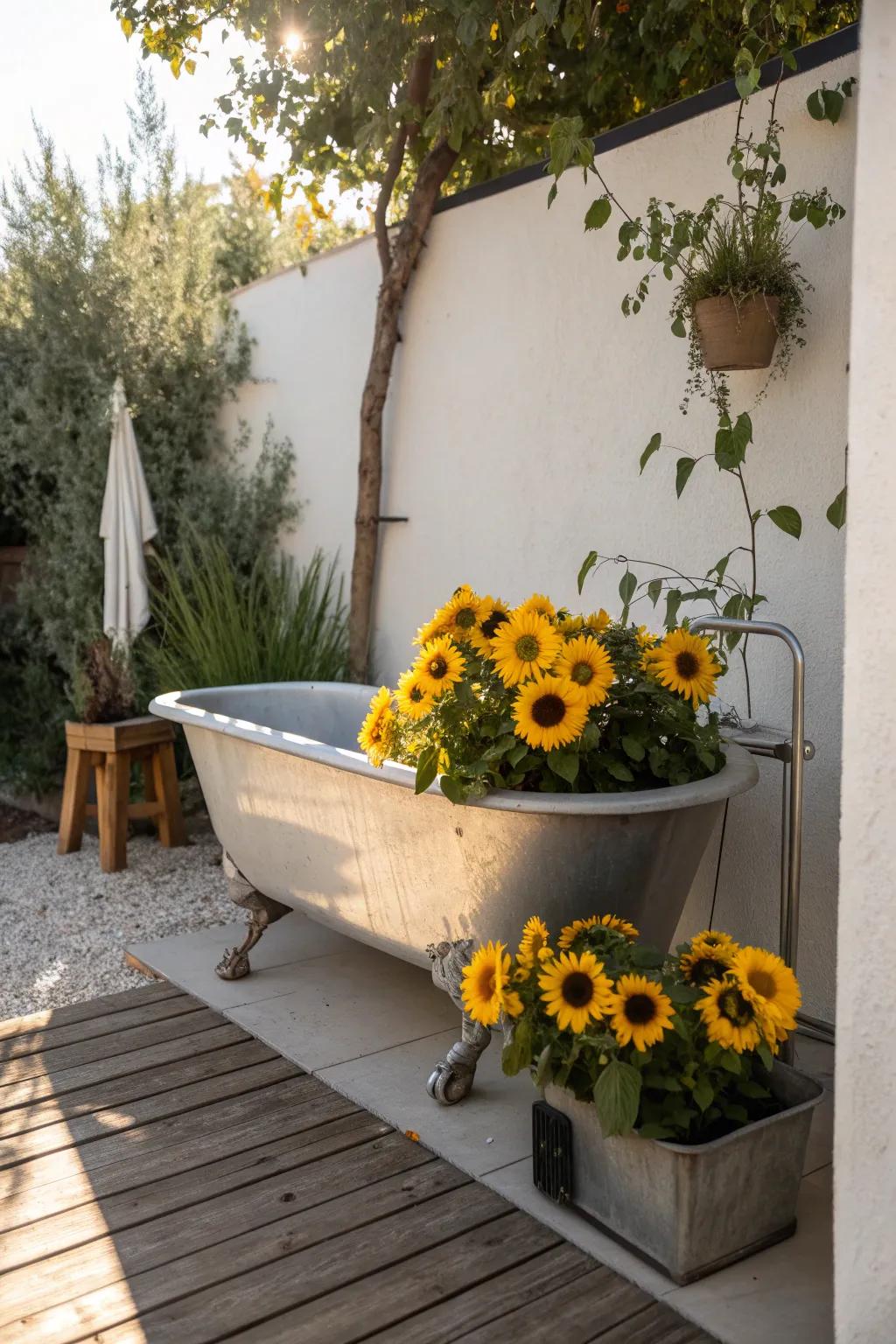 Transform your garden with a touch of rustic elegance using an old tin bathtub as a stunning planter. 🌻 #ScandiBoho #GardenInspiration