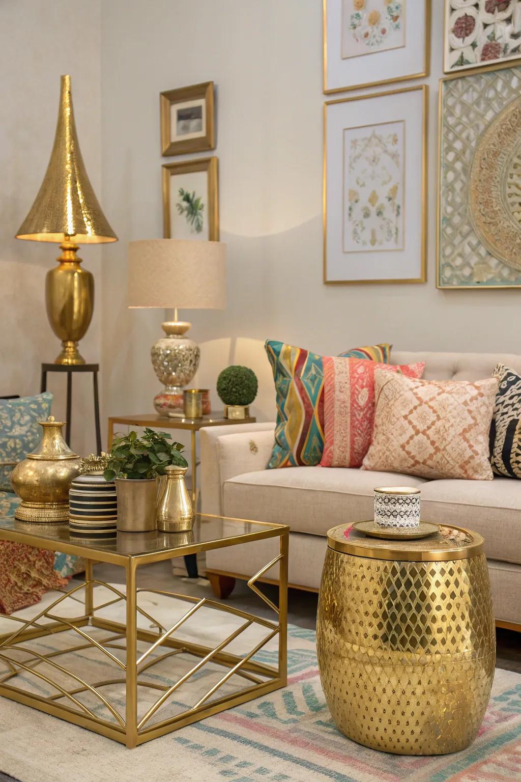 Metallic accents include a touch of elegance and shine to this colorful lounge area.