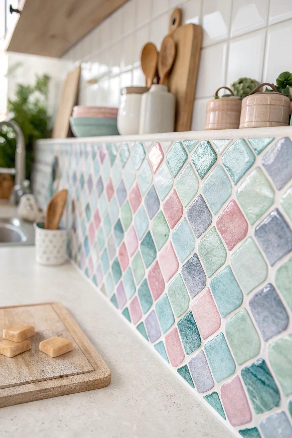 Transform your kitchen into an artistic haven with watercolor mosaic tiles that blend colors like a serene painting.