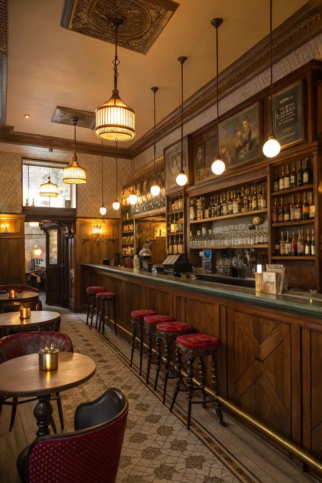 A salon bar with vintage decor, blending antique elements with modern touches.