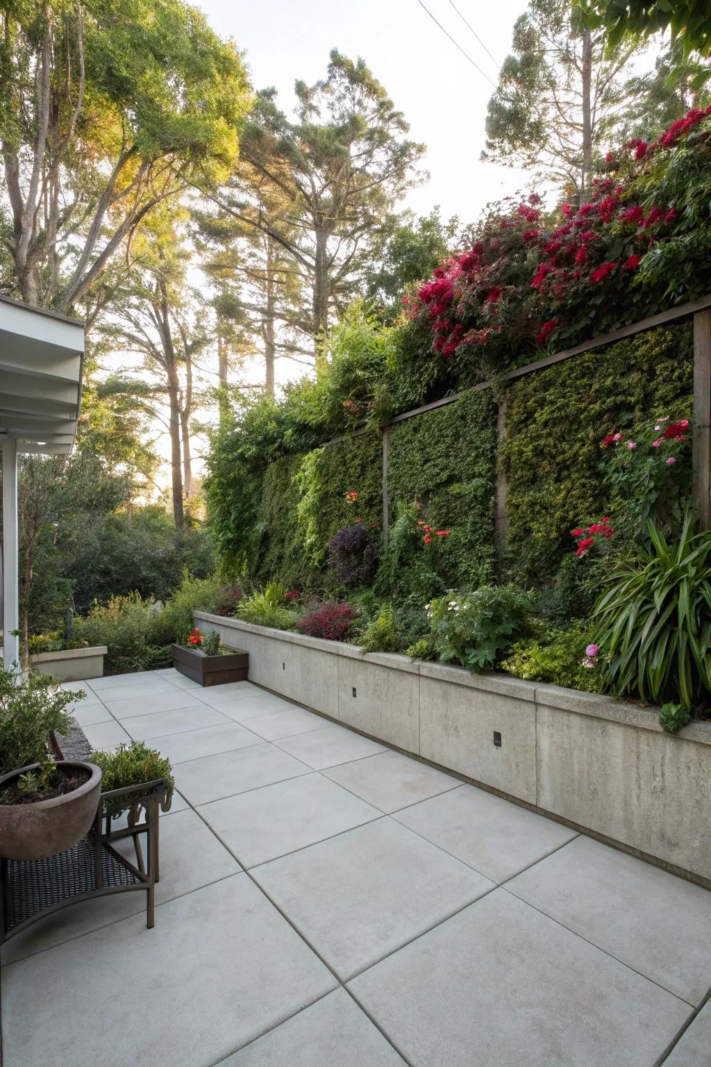 A concrete patio enhanced by a lush vertical garden providing a green backdrop.