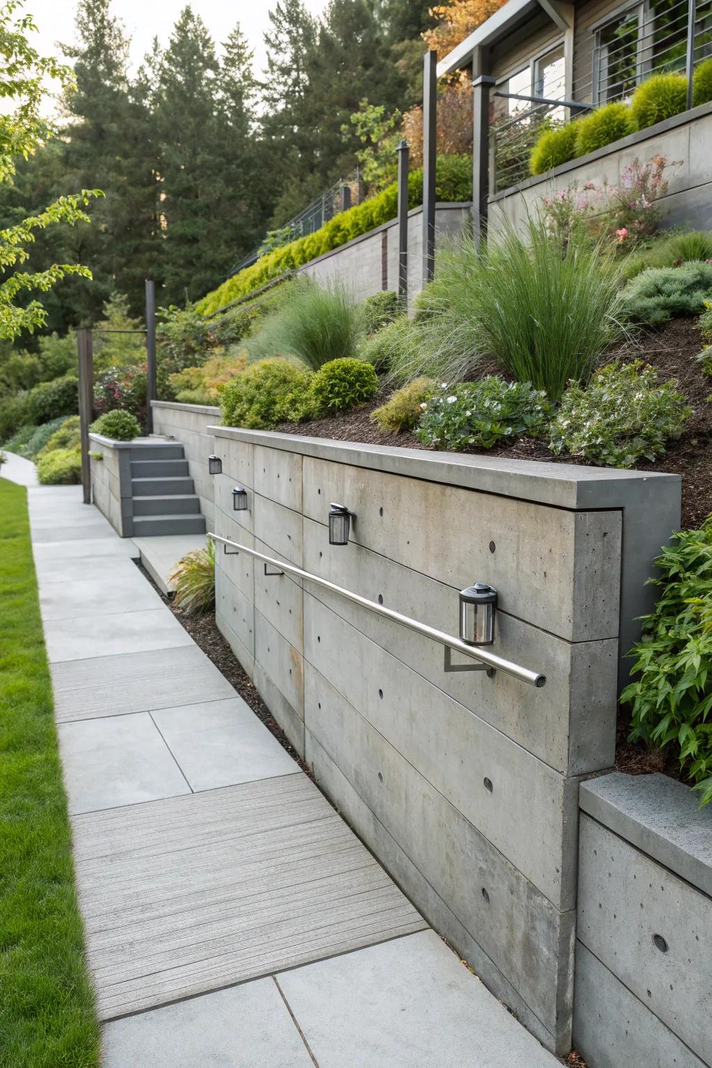 Concrete and metalwork cultivate a striking industrial chic aesthetic.