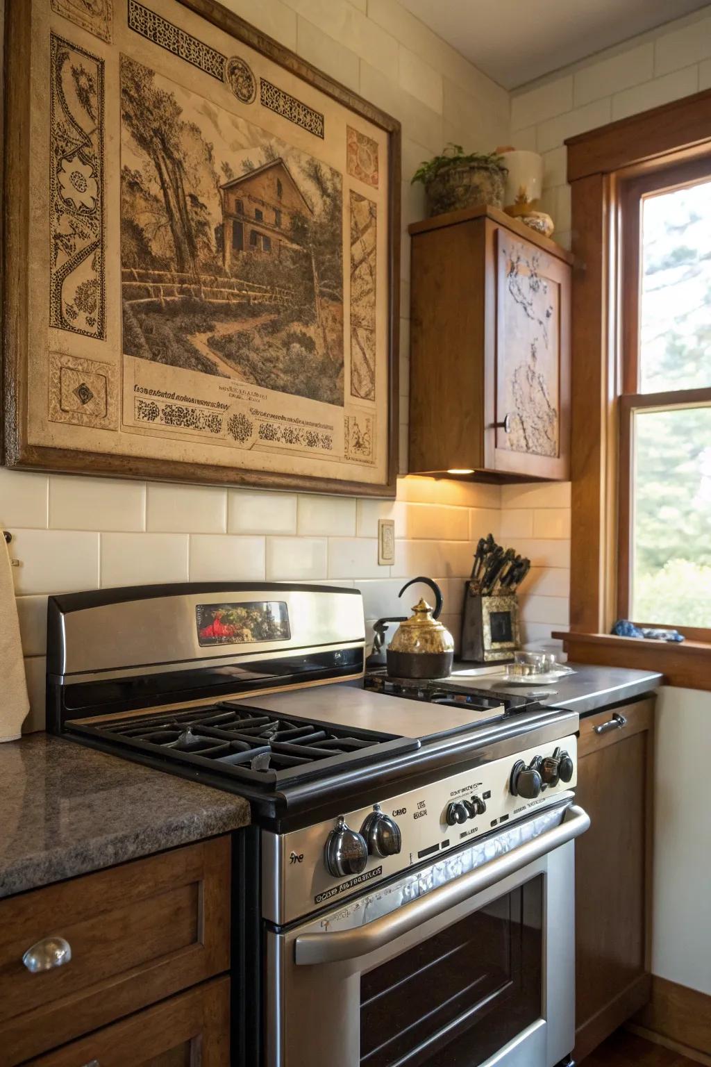 Add personal charm with vintage artwork above your stove.