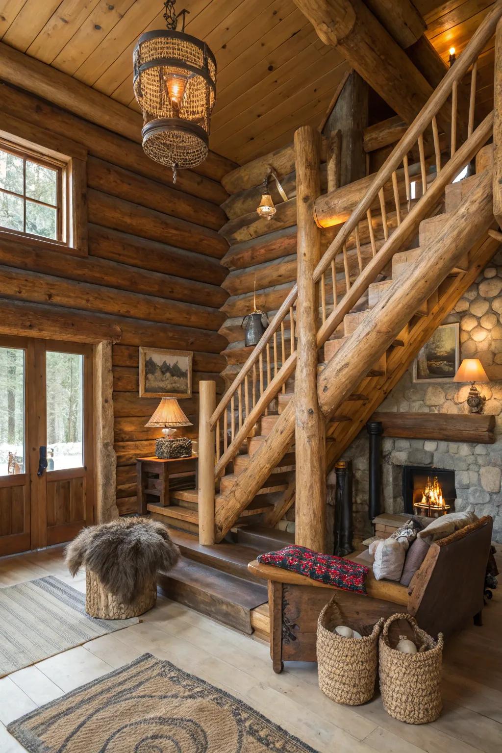 A log staircase adds a bold, rustic touch to the cabin's design.