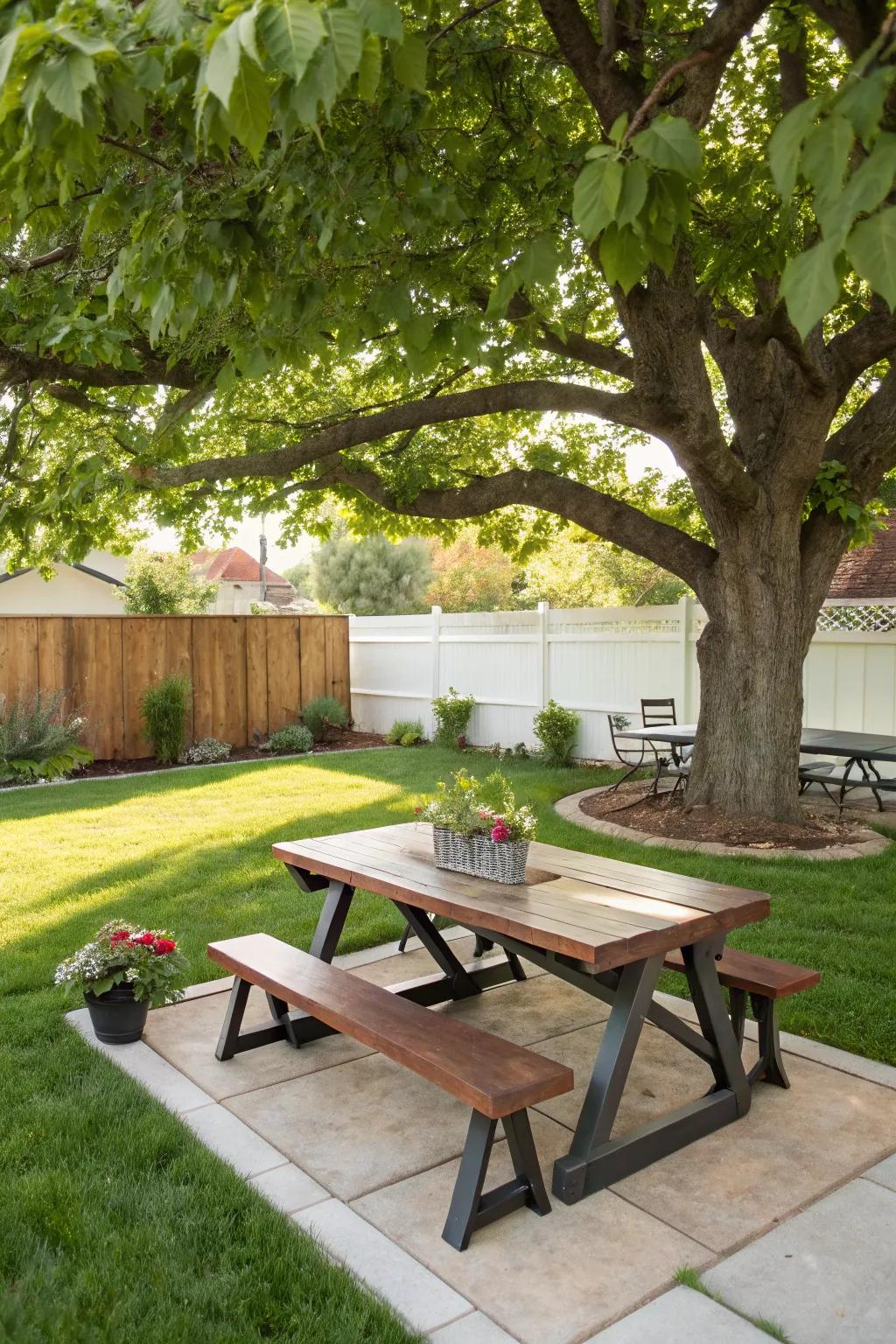 A convertible picnic table and bench, providing flexible seating options.