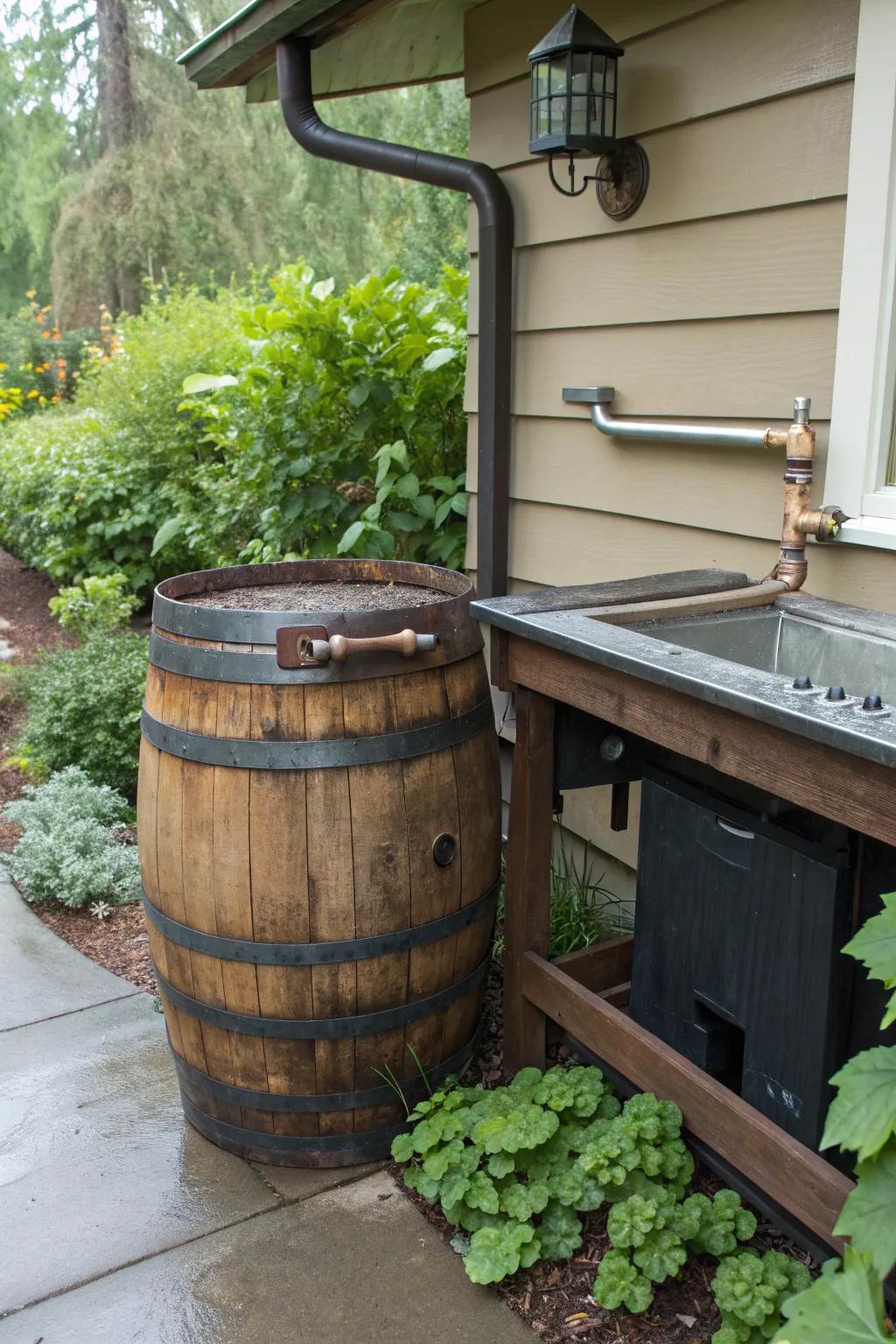 Elevate your outdoor space with a handcrafted rainwater collection system, blending sustainability with style.