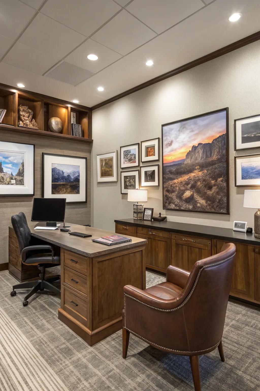 A gallery wall adds a personal touch to this office.