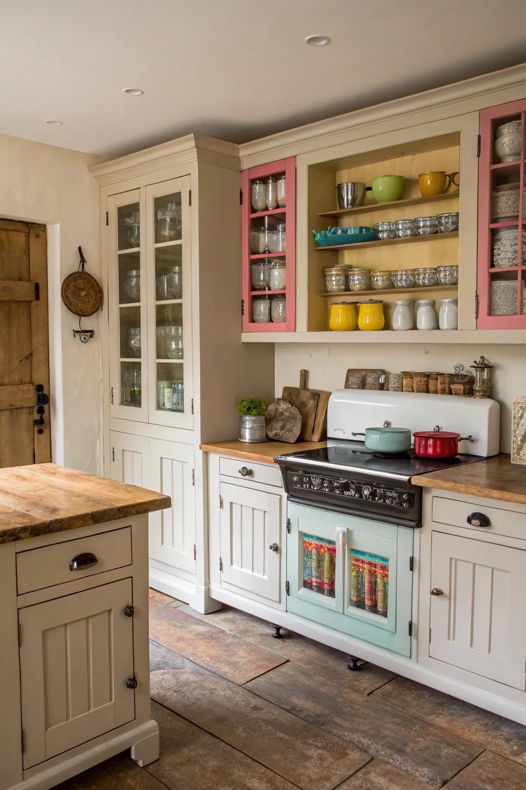 Unexpected hue inside cabinets injects a playful twist into a farmhouse kitchen.