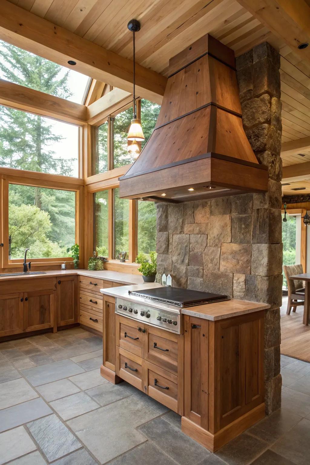 An environmentally friendly range hood created from ethically sourced wood.