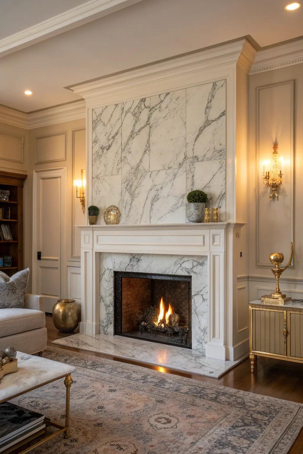 Embrace ageless elegance with a marble fireplace wall that echoes luxury. #TimelessDesign #MarbleMagic ✨