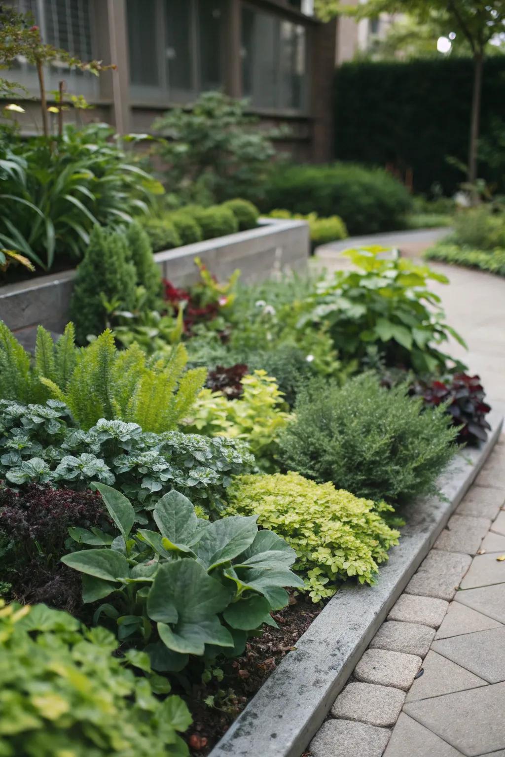 A monochromatic garden on a corner lot featuring harmonious shades of green.