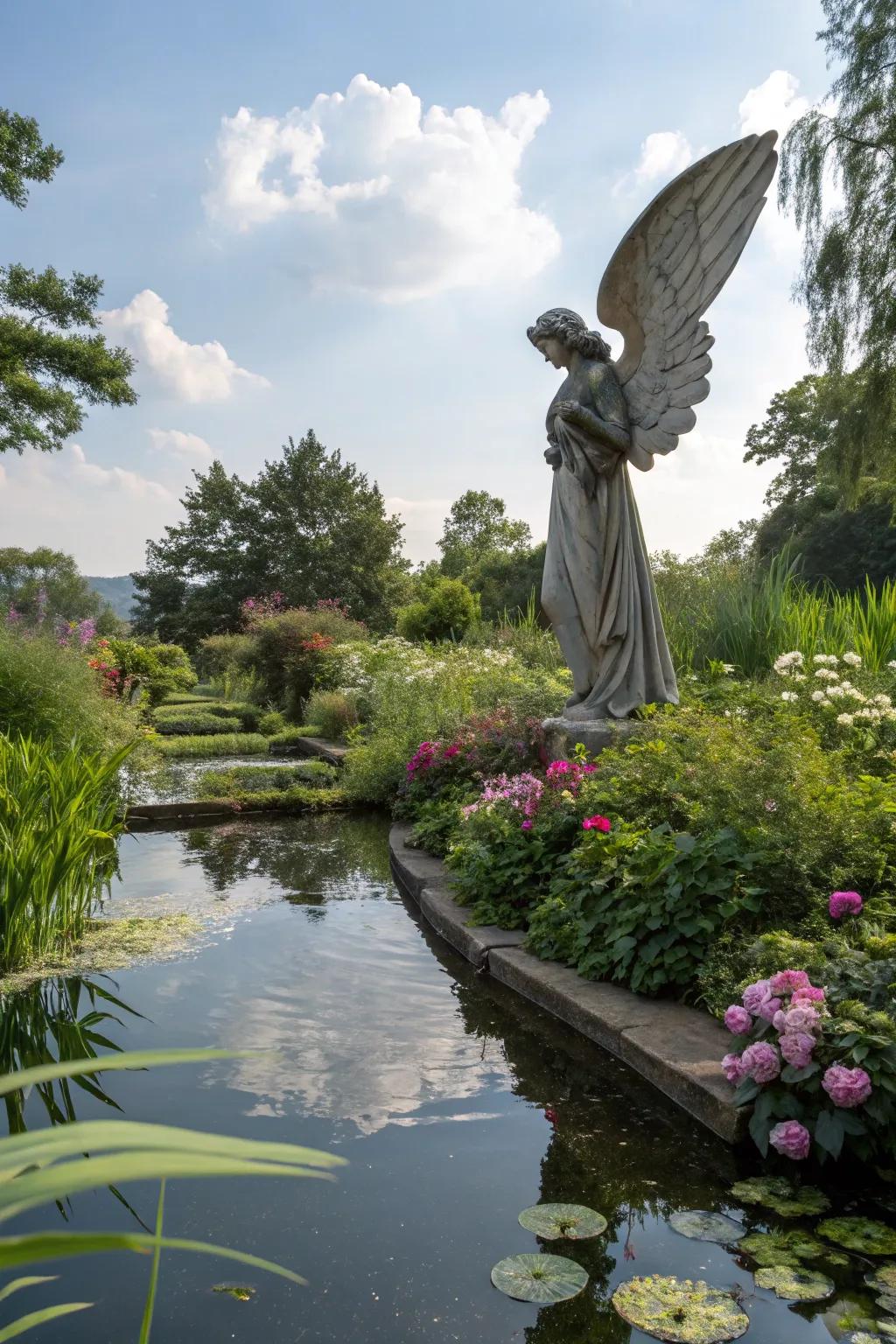 A floating angel on a still pond.