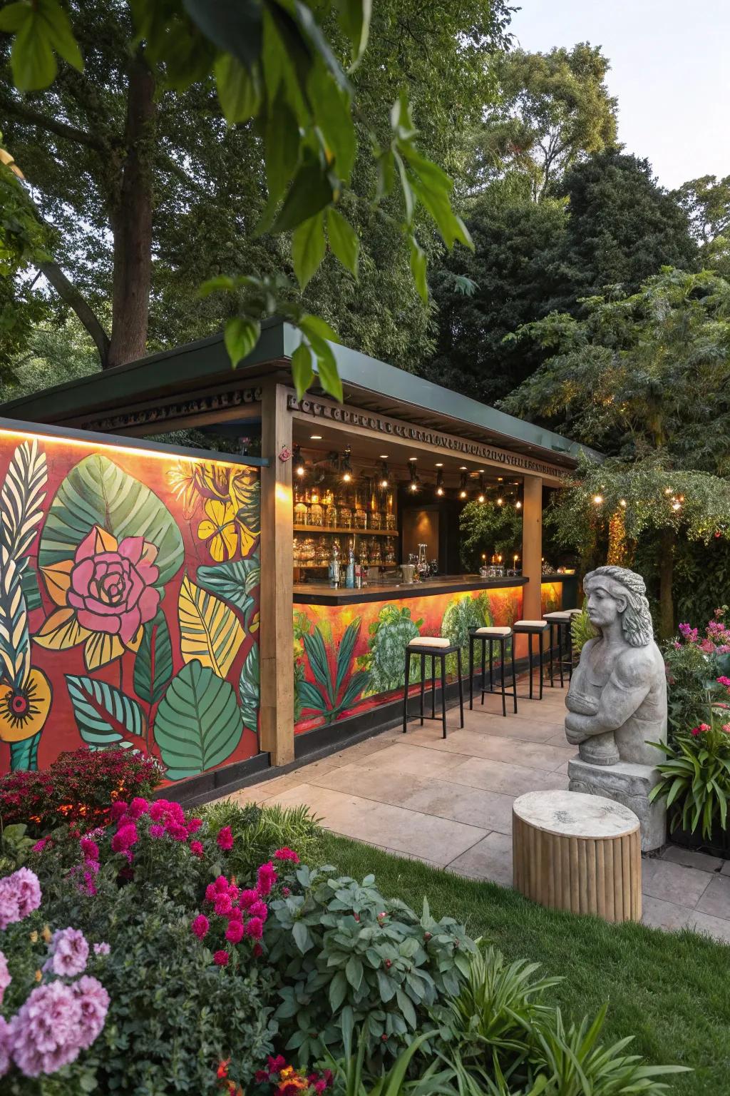 A garden bar adorned with artistic accents.