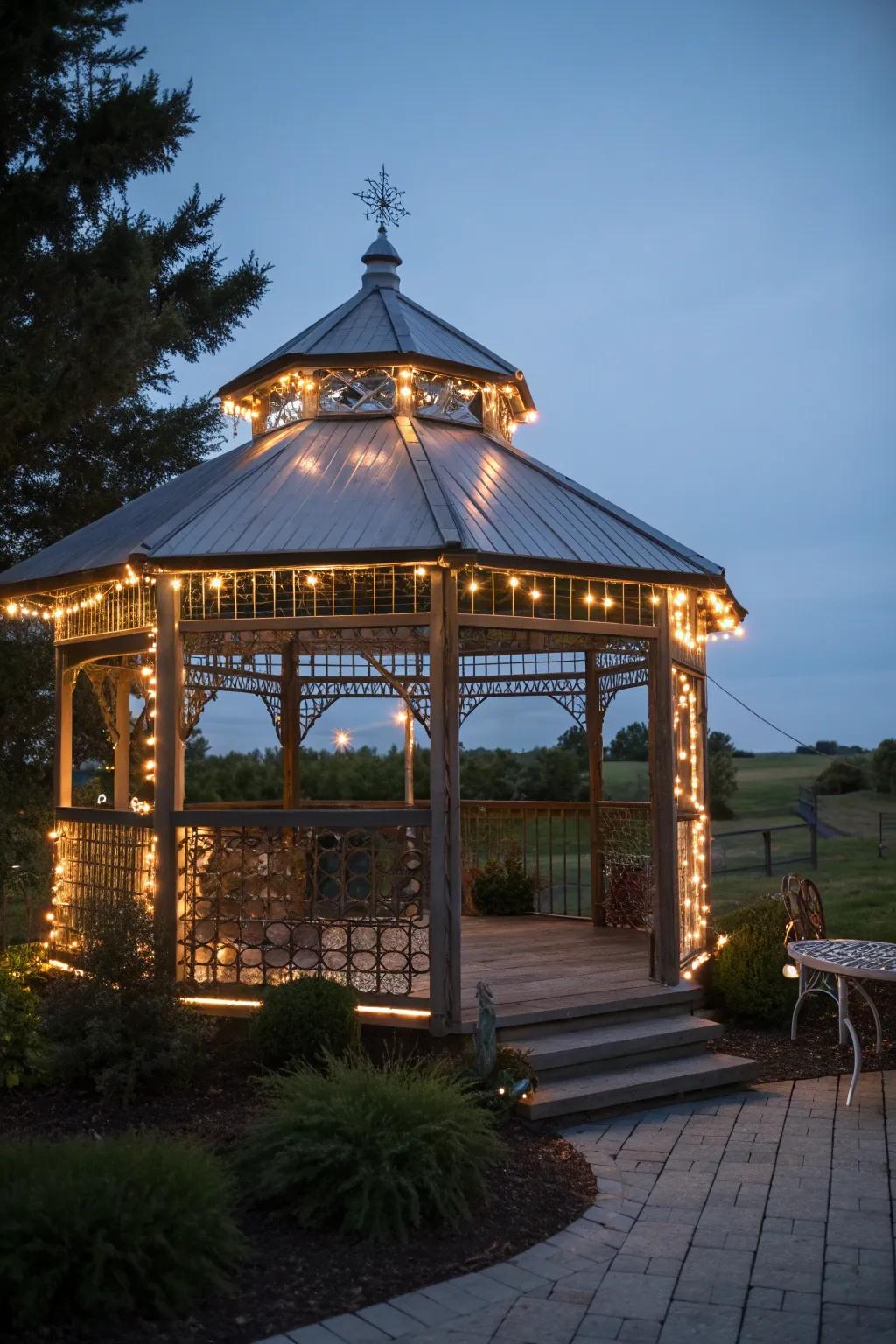 Illuminate your evenings with the sustainable charm of solar-powered lights in a beautifully crafted grain bin gazebo.