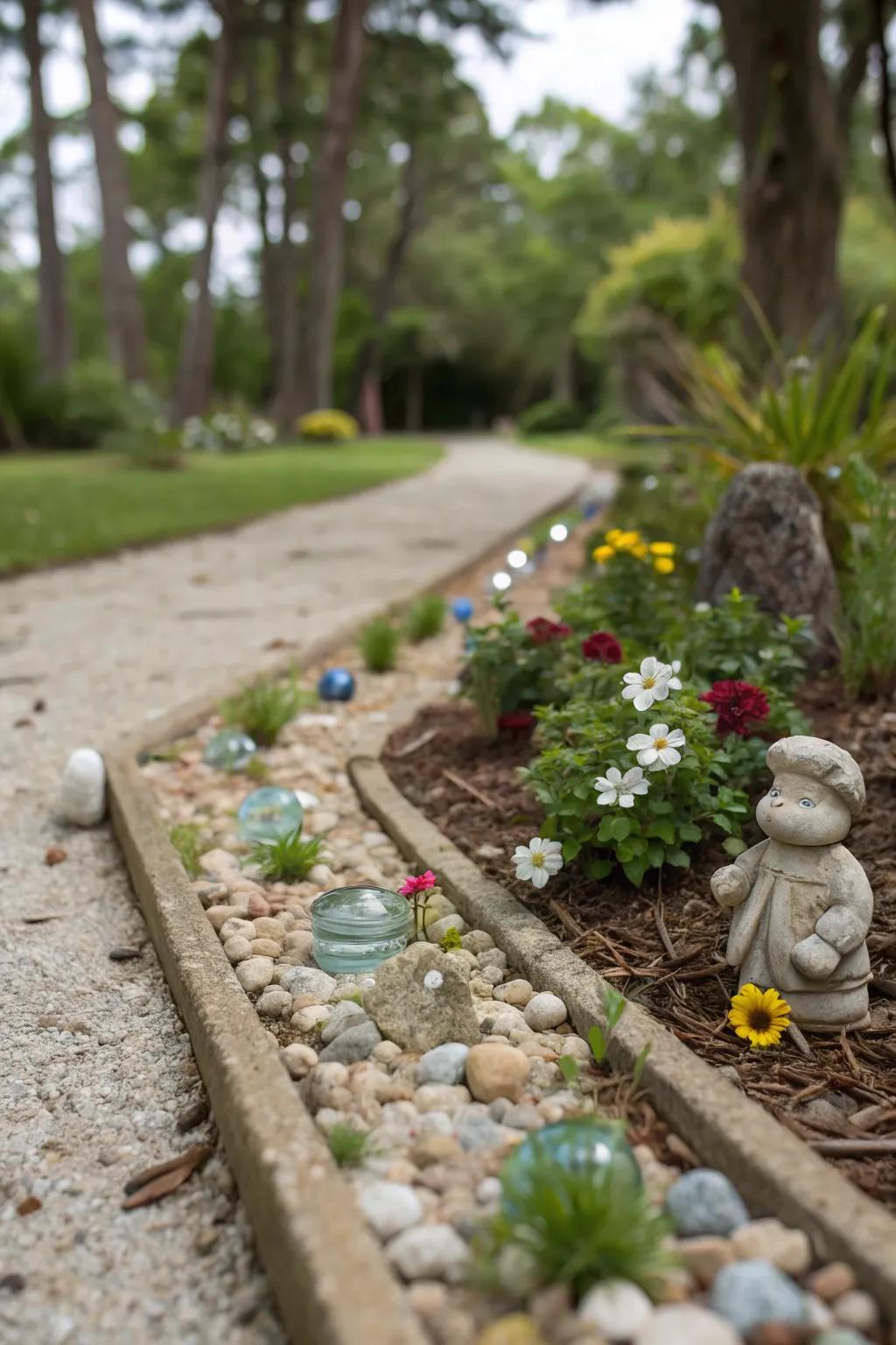 A whimsical gravel flower bed featuring playful elements